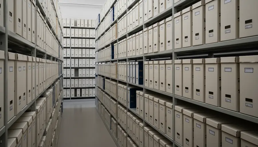 Ordered rows of document files on archive shelving